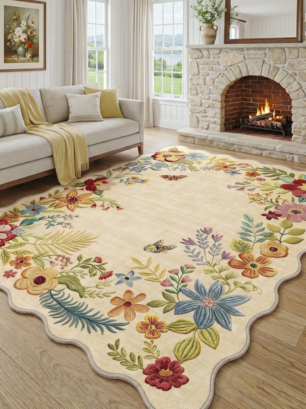5x7 Washable Beige Floral Boho Scalloped Area Rug for Living Room